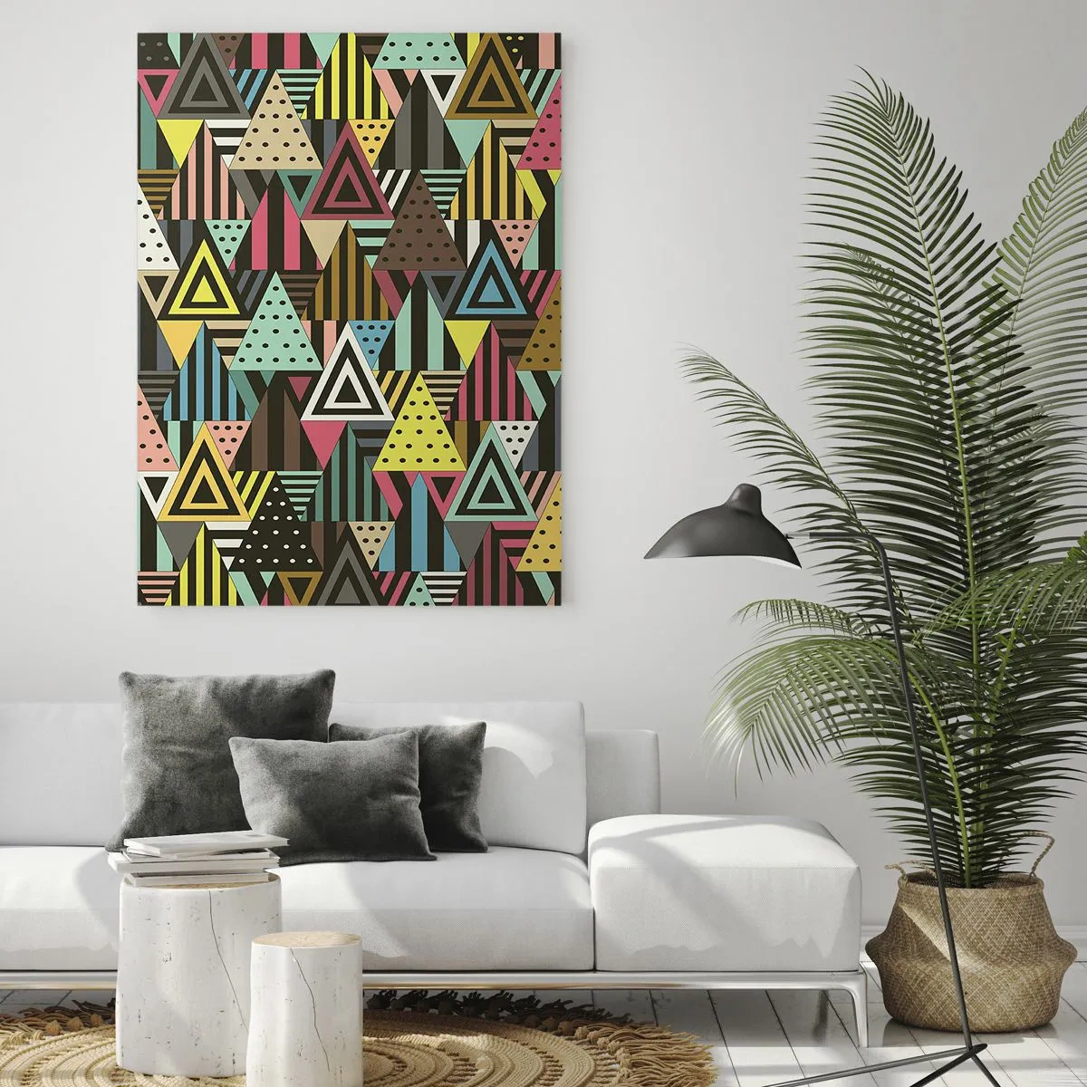 Impression sur verre - Image sur verre - Une composition abstraite avec des triangles aux couleurs intenses. - 50x70cm - En rythme de trois - Décoration murale moderne pour le salon et la chambre ARTTOR