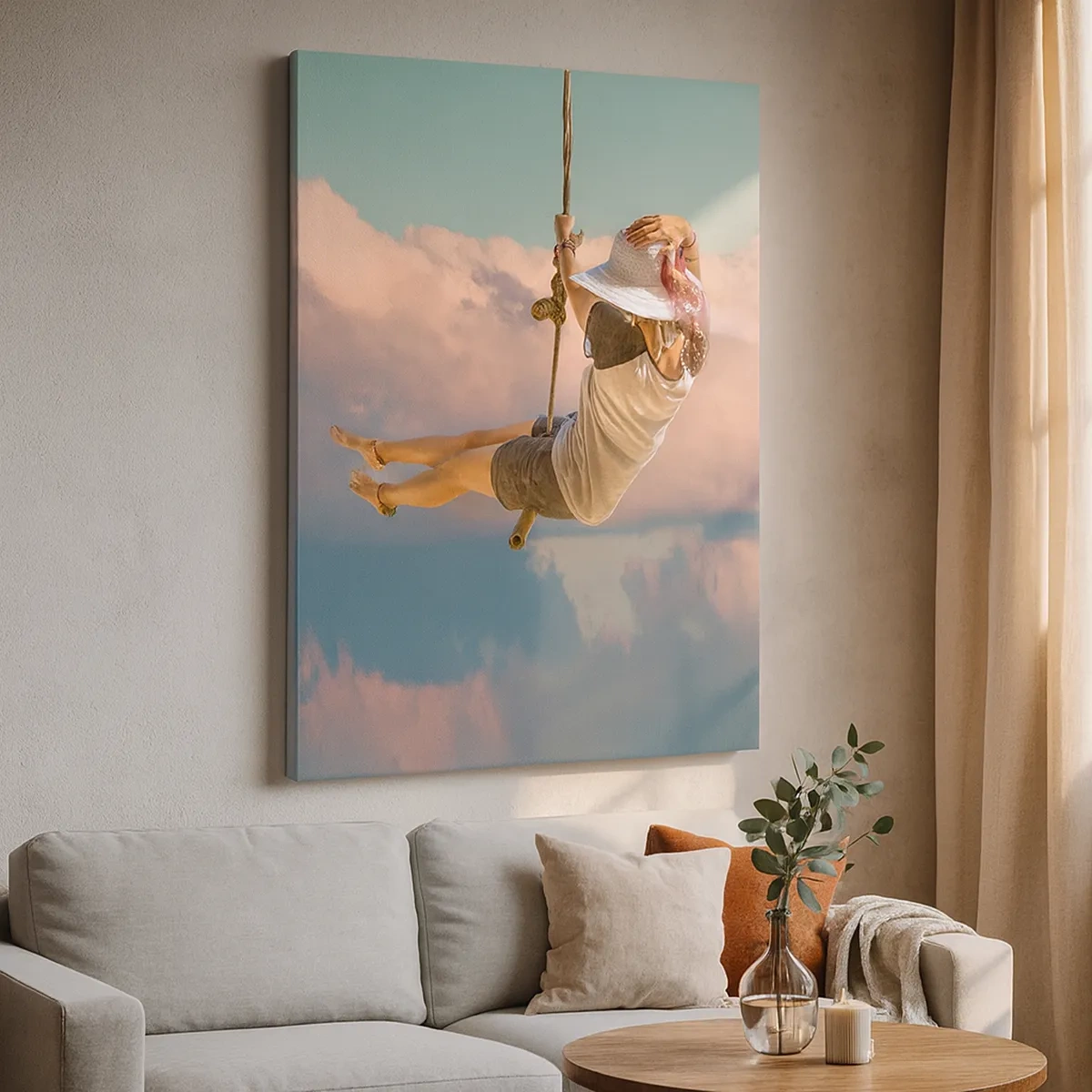 Impression sur toile - Image sur toile - Femme sur une balançoire parmi les nuages roses - 50x70cm - S'amuser dans les nuages - Décoration murale moderne pour le salon et la chambre ARTTOR