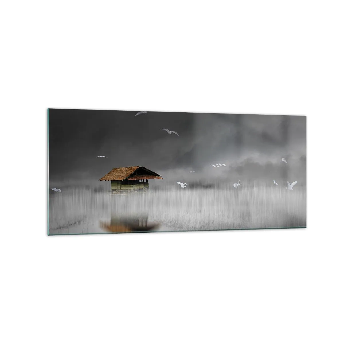 Impression sur verre - Image sur verre - Un chalet solitaire sur l'eau entouré de brouillard et d'oiseaux - 120x50cm - A l'abri de la pluie - Décoration murale moderne pour le salon et la chambre ARTTOR