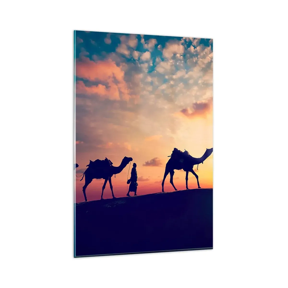 Impression sur verre - Image sur verre - Une caravane de chameaux errant dans le désert au coucher du soleil - 80x120cm - L'esprit mystérieux de l'Orient - Décoration murale moderne pour le salon et la chambre ARTTOR