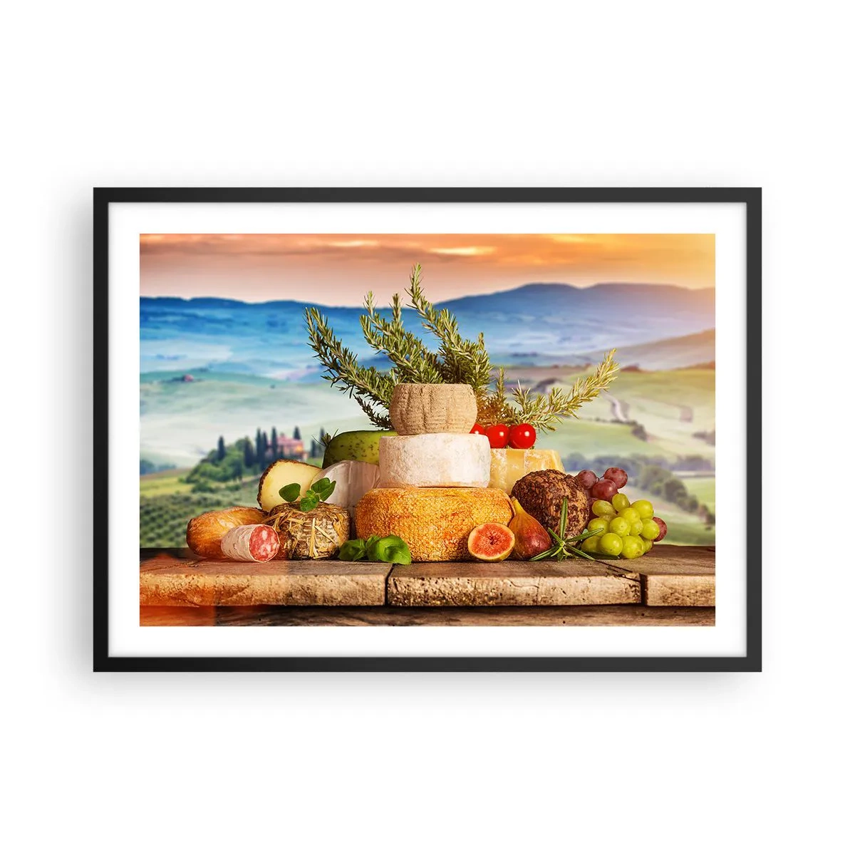 Affiche dans un cadre noir - Poster - Une composition de fromages et de fruits sur fond de paysage toscan - 70x50cm - La joie de vivre à l'italienne - Décoration murale moderne pour le salon et la chambre ARTTOR