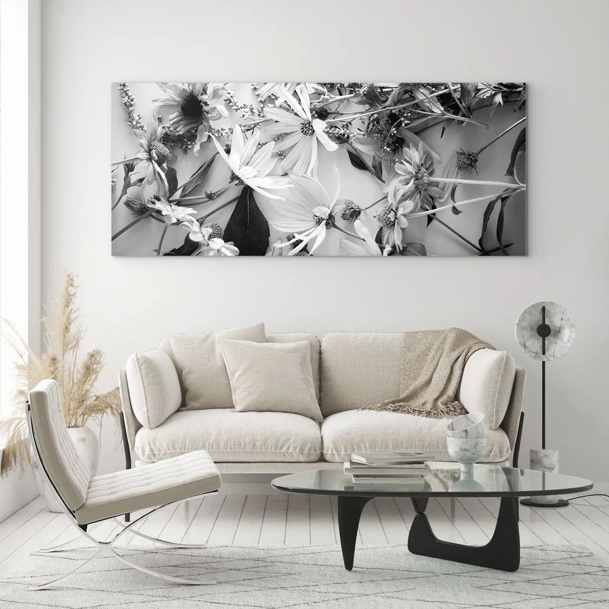 Impression sur verre - Image sur verre - Compositions florales en noir et blanc dans un style artistique subtil - 140x50cm - Non-un bouquet de fleurs - Décoration murale moderne pour le salon et la chambre ARTTOR
