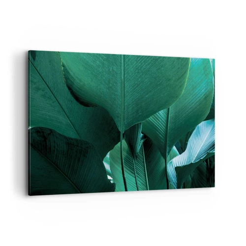 Impression sur toile - Image sur toile - Feuilles vertes dans une composition minimaliste - 100x70cm - Tourné vers la lumière - Décoration murale moderne pour le salon et la chambre ARTTOR