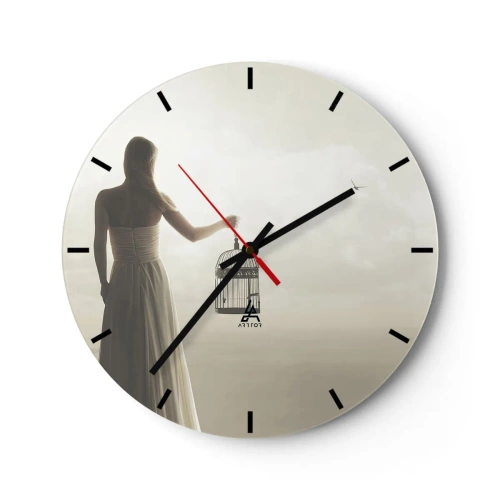 Horloge murale - Pendule murale - Une femme en robe blanche tenant une cage vide contre le ciel. - 30x30cm - Soi libre - Décoration murale moderne pour le salon, la cuisine et la chambre ARTTOR