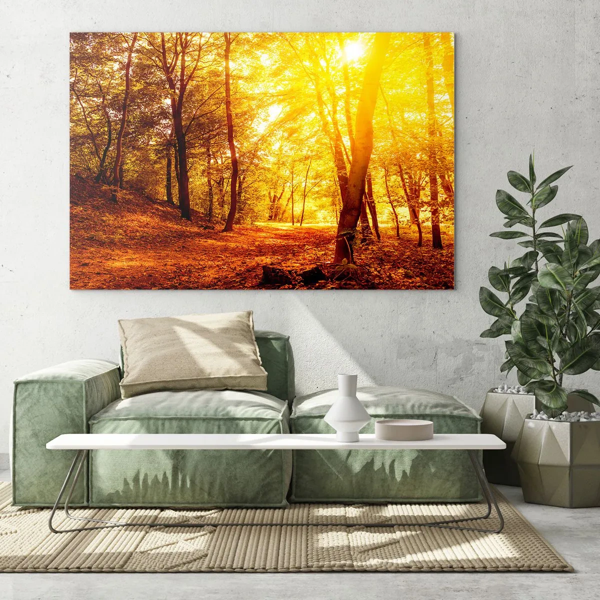 Impression sur verre - Image sur verre - Forêt d'automne illuminée par la chaude lueur du soleil - 100x70cm - Vers la clairière dorée - Décoration murale moderne pour le salon et la chambre ARTTOR