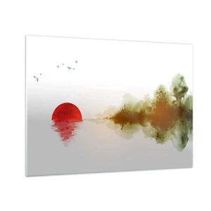 Impression sur verre - Image sur verre - Soleil rouge sur l'eau et le contour de la forêt - 70x50cm - Une promesse de paix - Décoration murale moderne pour le salon et la chambre ARTTOR
