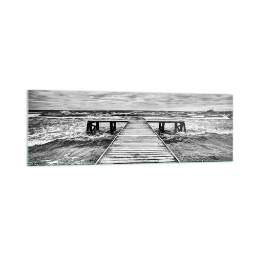 Impression sur verre - Image sur verre - Une vue en noir et blanc d'une jetée en bois sur une mer agitée. - 160x50cm - J'attends que le vent, ça le chassera... - Décoration murale moderne pour le salon et la chambre ARTTOR