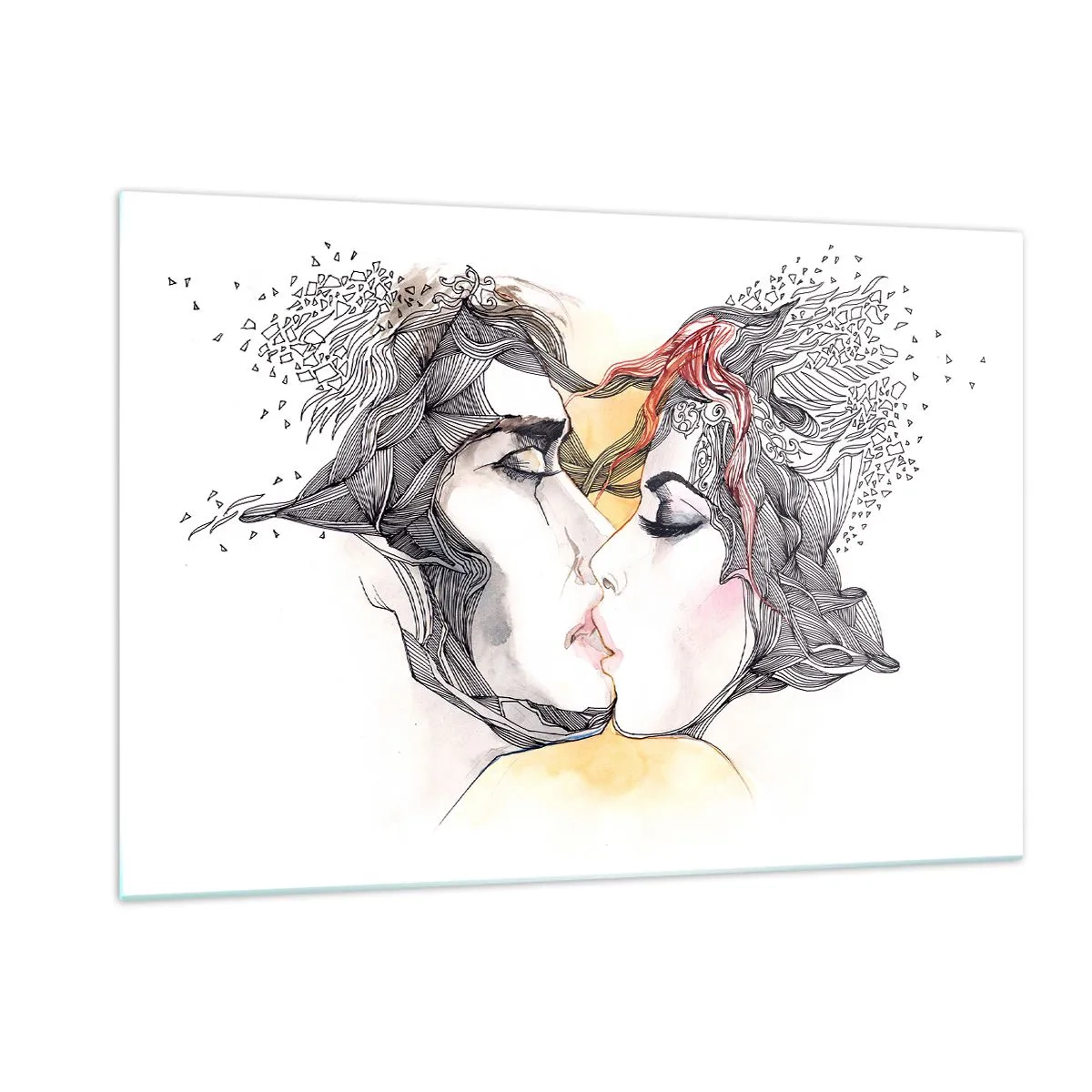 Impression sur verre - Image sur verre - Couple abstrait s'embrassant avec des motifs artistiques - 120x80cm - Le monde n'existe pas - Décoration murale moderne pour le salon et la chambre ARTTOR