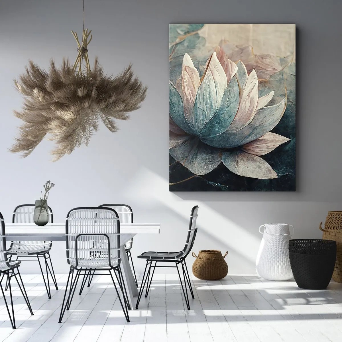 Impression sur toile - Image sur toile - De subtils nénuphars aux tons pastel de bleu et d'or - 70x100cm - Les étoiles du lac - Décoration murale moderne pour le salon et la chambre ARTTOR