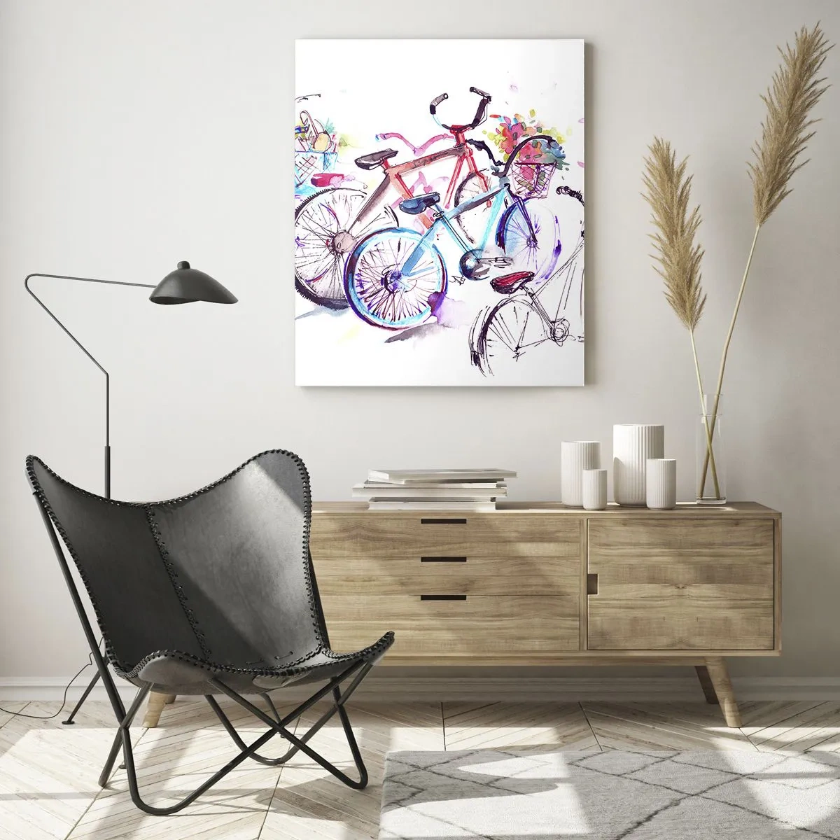 Impression sur verre - Image sur verre - Vélos colorés dans un style aquarelle artistique - 70x100cm - Congrès du club Antymoto - Décoration murale moderne pour le salon et la chambre ARTTOR