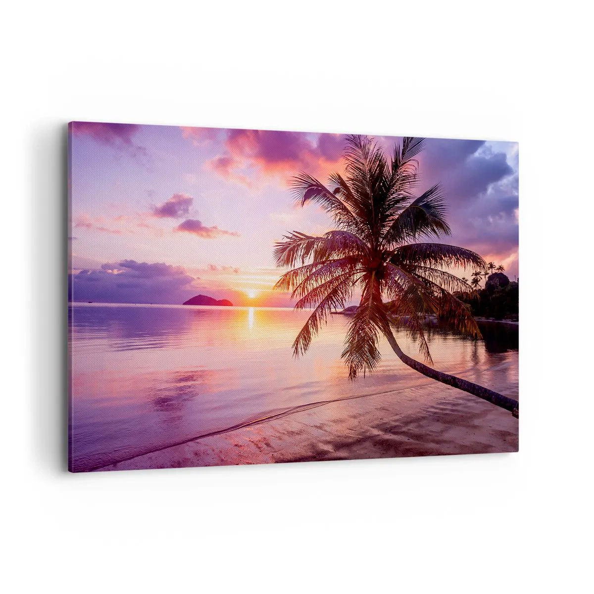 Impression sur toile - Image sur toile - Plage tropicale avec palmier au coucher du soleil - 100x70cm - Le bonheur à l'horizon - Décoration murale moderne pour le salon et la chambre ARTTOR