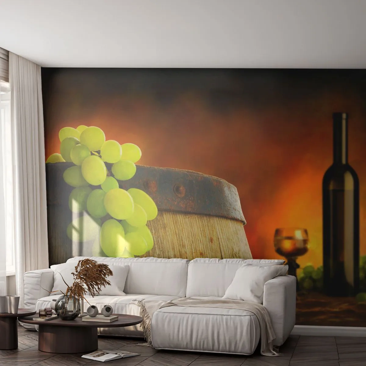 Papier Peint Photo Premium Sand - Nature morte avec une bouteille de vin et une grappe de raisin - Raisin, Vin, Tonneau de vin - 450x315 cm