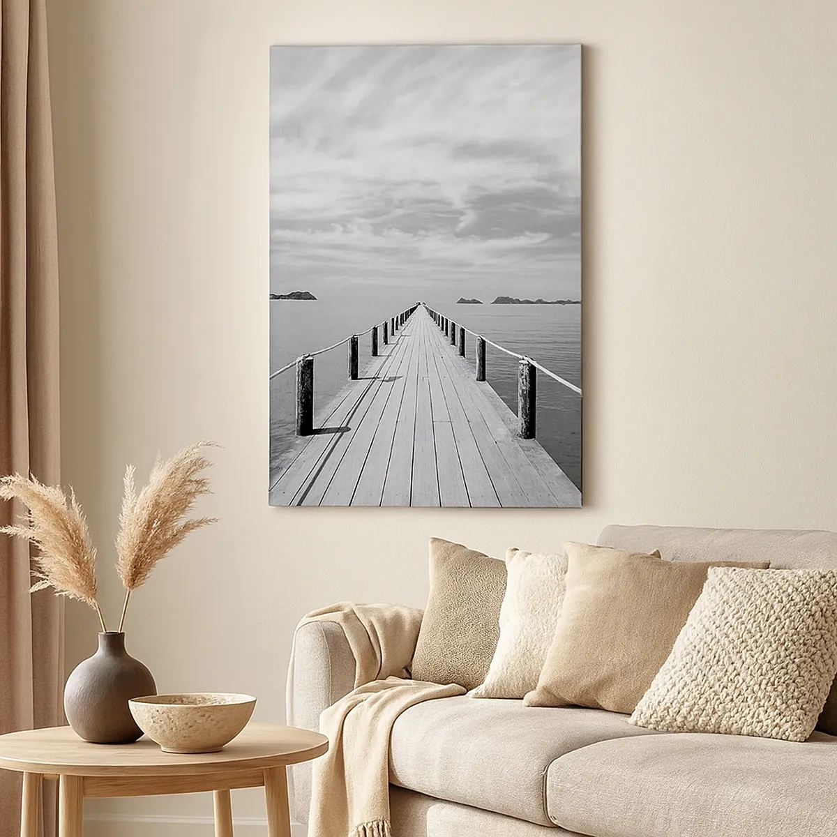 Impression sur toile - Image sur toile - Une jetée en bois menant au loin sur une mer calme - 50x70cm - Et peut-être un voyage... - Décoration murale moderne pour le salon et la chambre ARTTOR