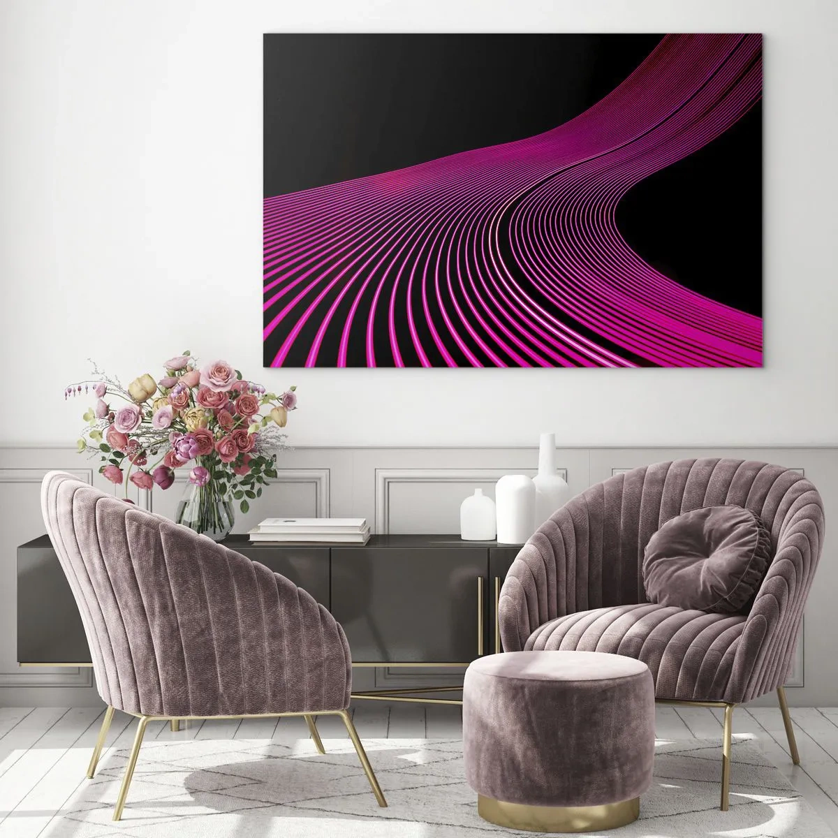 Impression sur verre - Image sur verre - Lignes lumineuses roses sur fond noir - 70x50cm - Avenue de lumière - Décoration murale moderne pour le salon et la chambre ARTTOR
