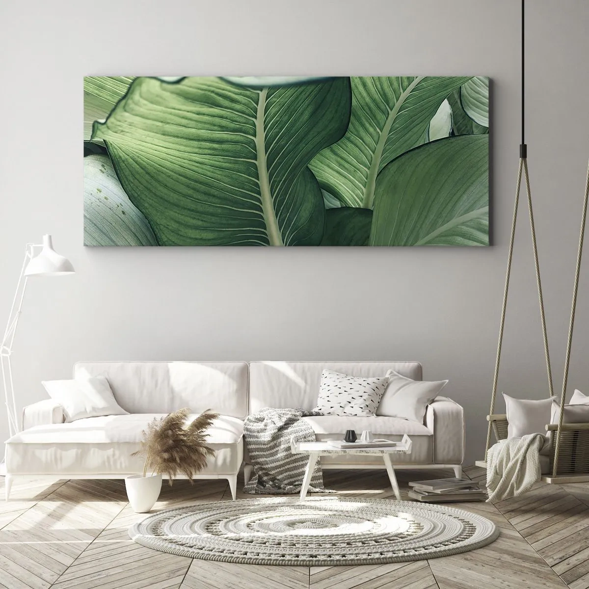 Impression sur toile - Image sur toile - Feuilles vertes avec des détails et une structure expressifs - 140x50cm - Une vie intensément verte - Décoration murale moderne pour le salon et la chambre ARTTOR