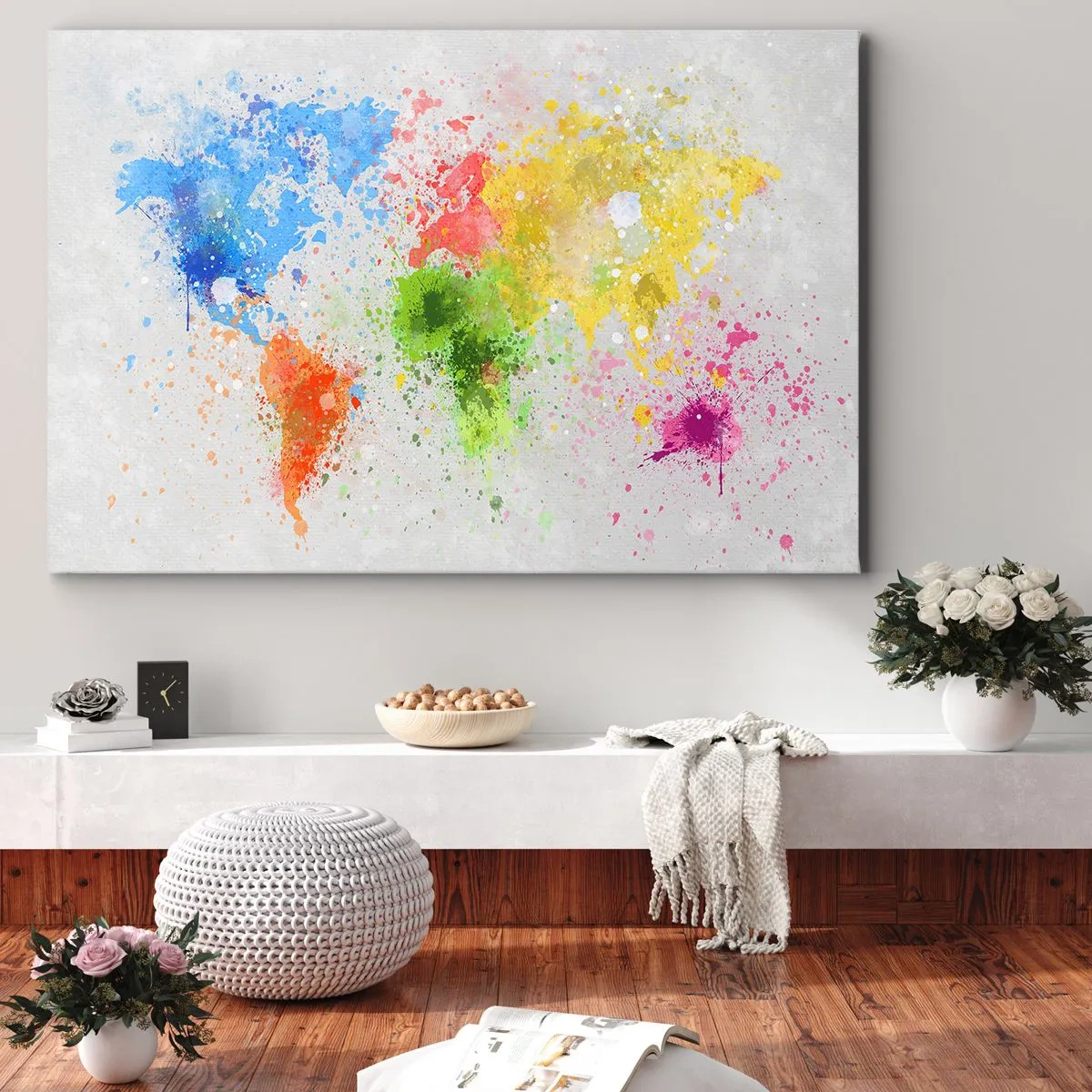 Impression sur toile - Image sur toile - Une carte du monde dans une interprétation aquarelle colorée - 120x80cm - Toutes les couleurs du monde - Décoration murale moderne pour le salon et la chambre ARTTOR