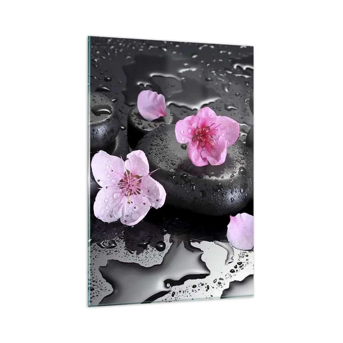 Impression sur verre - Image sur verre - Pierres noires et fleurs roses style spa - 80x120cm - Et le cœur s'allège soudainement - Décoration murale moderne pour le salon et la chambre ARTTOR