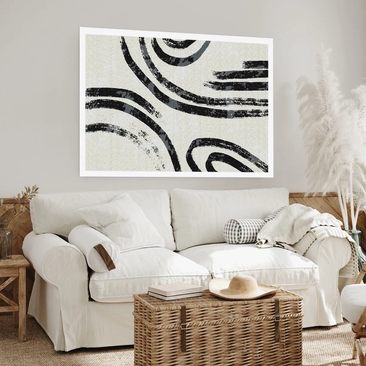 Affiche - Poster - Lignes abstraites noires et blanches sur fond clair - 100x70cm - À moitié arrêté - Décoration murale moderne pour le salon et la chambre ARTTOR