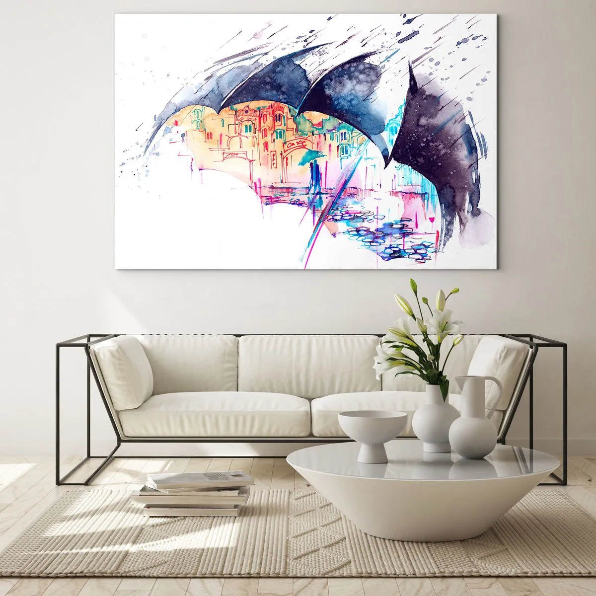 Impression sur verre - Image sur verre - Une ville colorée en arrière-plan sous un parapluie noir - 100x70cm - Se promener sous la pluie - Décoration murale moderne pour le salon et la chambre ARTTOR