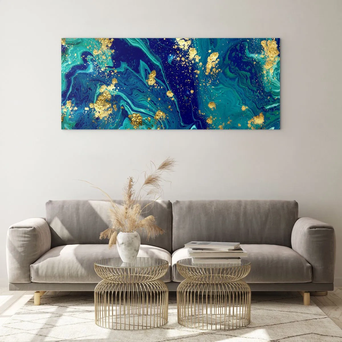 Impression sur verre - Image sur verre - Une composition abstraite avec des accents bleus, verts et dorés. - 140x50cm - Les pétales du soleil - Décoration murale moderne pour le salon et la chambre ARTTOR