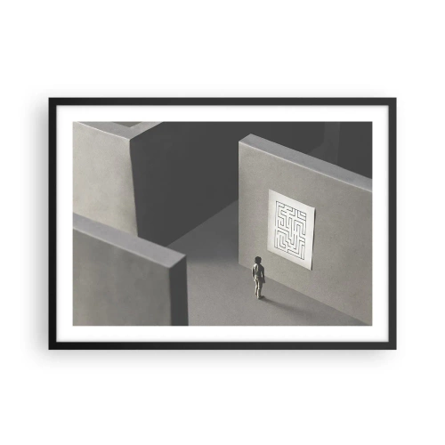 Affiche dans un cadre noir - Poster - Une figure dans un labyrinthe regardant une carte suspendue - 70x50cm - Mais où suis-je? - Décoration murale moderne pour le salon et la chambre ARTTOR