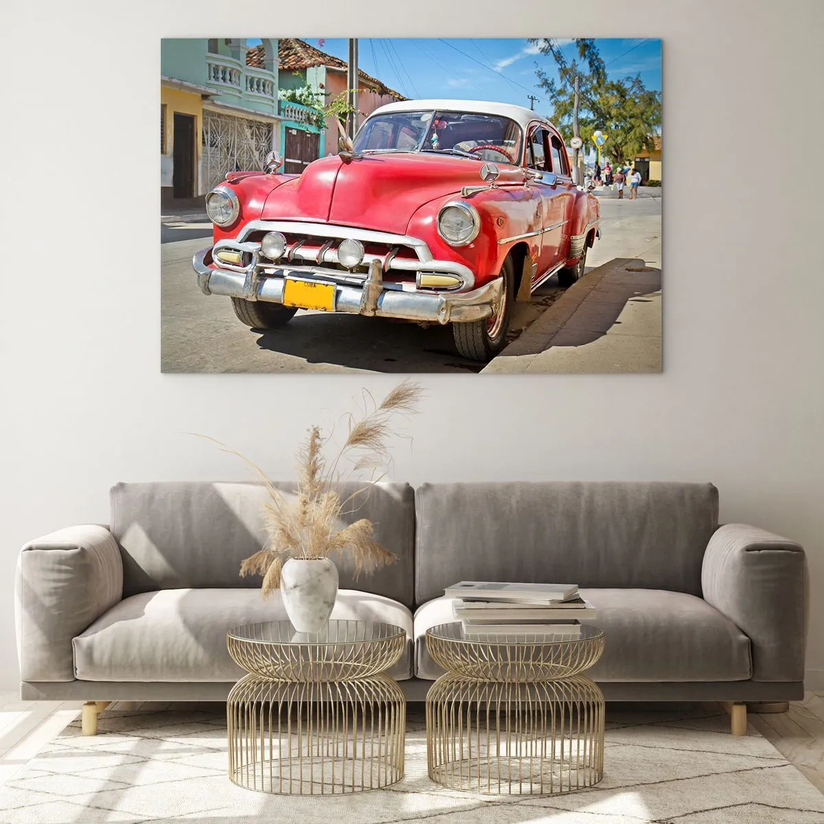 Impression sur verre - Image sur verre - Voiture vintage rouge dans une rue de la ville - 70x50cm - Seulement à Cuba - Décoration murale moderne pour le salon et la chambre ARTTOR