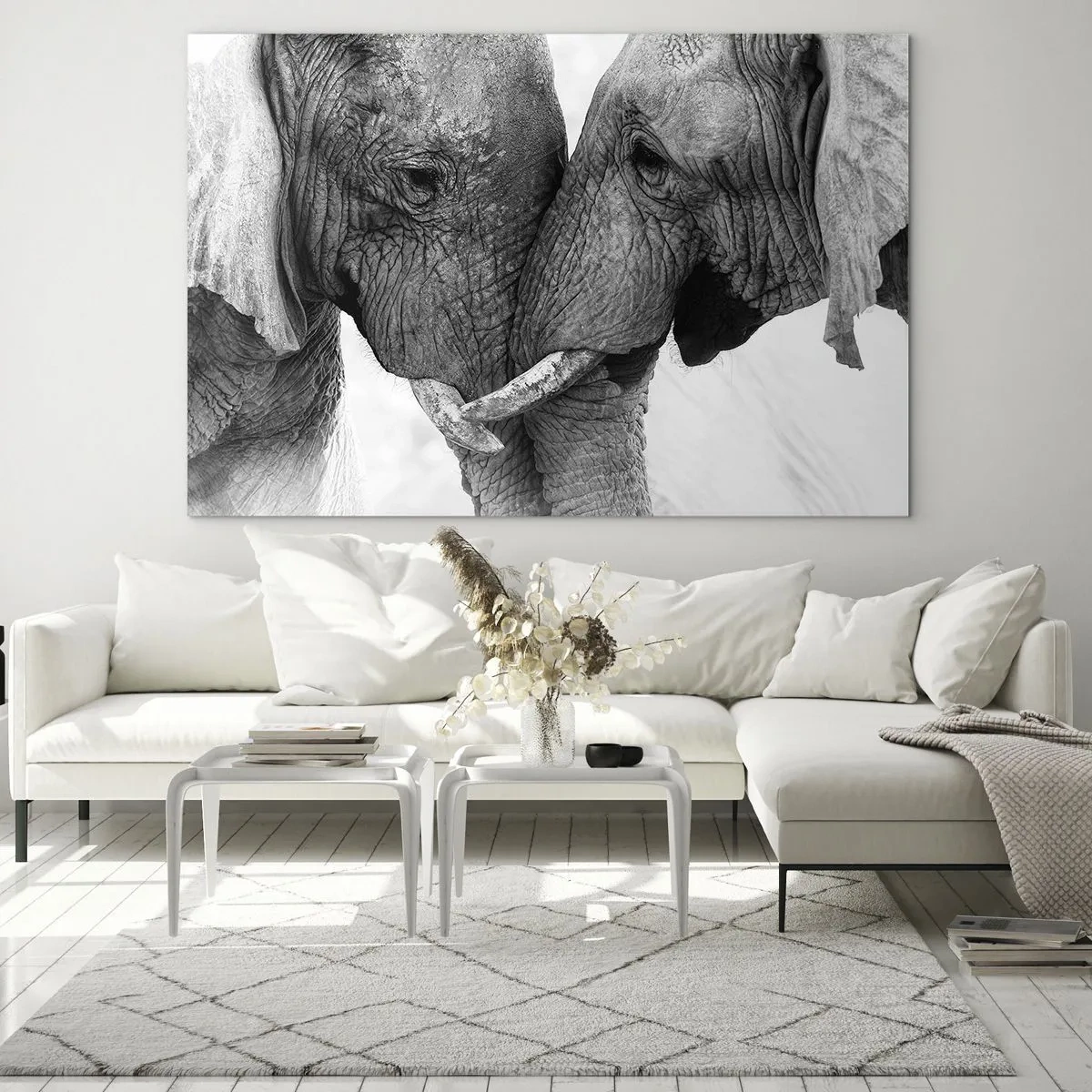 Impression sur verre - Image sur verre - Deux éléphants se touchant le front en noir et blanc - 100x70cm - Confession sincère - Décoration murale moderne pour le salon et la chambre ARTTOR