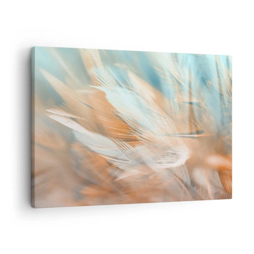Impression sur toile - Image sur toile - Plumes délicates dans des tons pastel de bleu et d'orange - 70x50cm - Au pays de la douceur - Décoration murale moderne pour le salon et la chambre ARTTOR