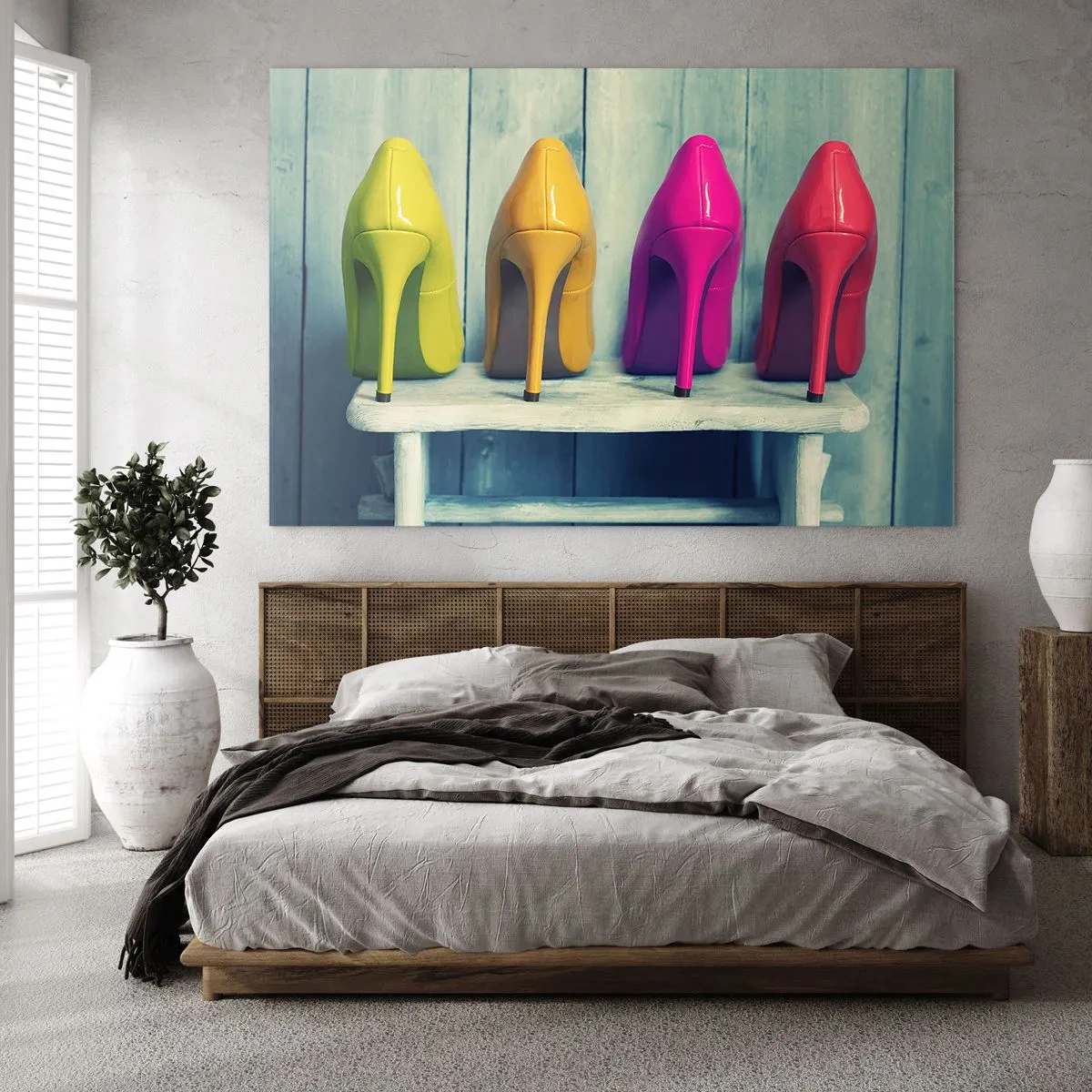 Impression sur verre - Image sur verre - Quatre épingles colorées disposées sur un banc en bois - 70x50cm - Promenade sur l'arc-en-ciel - Décoration murale moderne pour le salon et la chambre ARTTOR