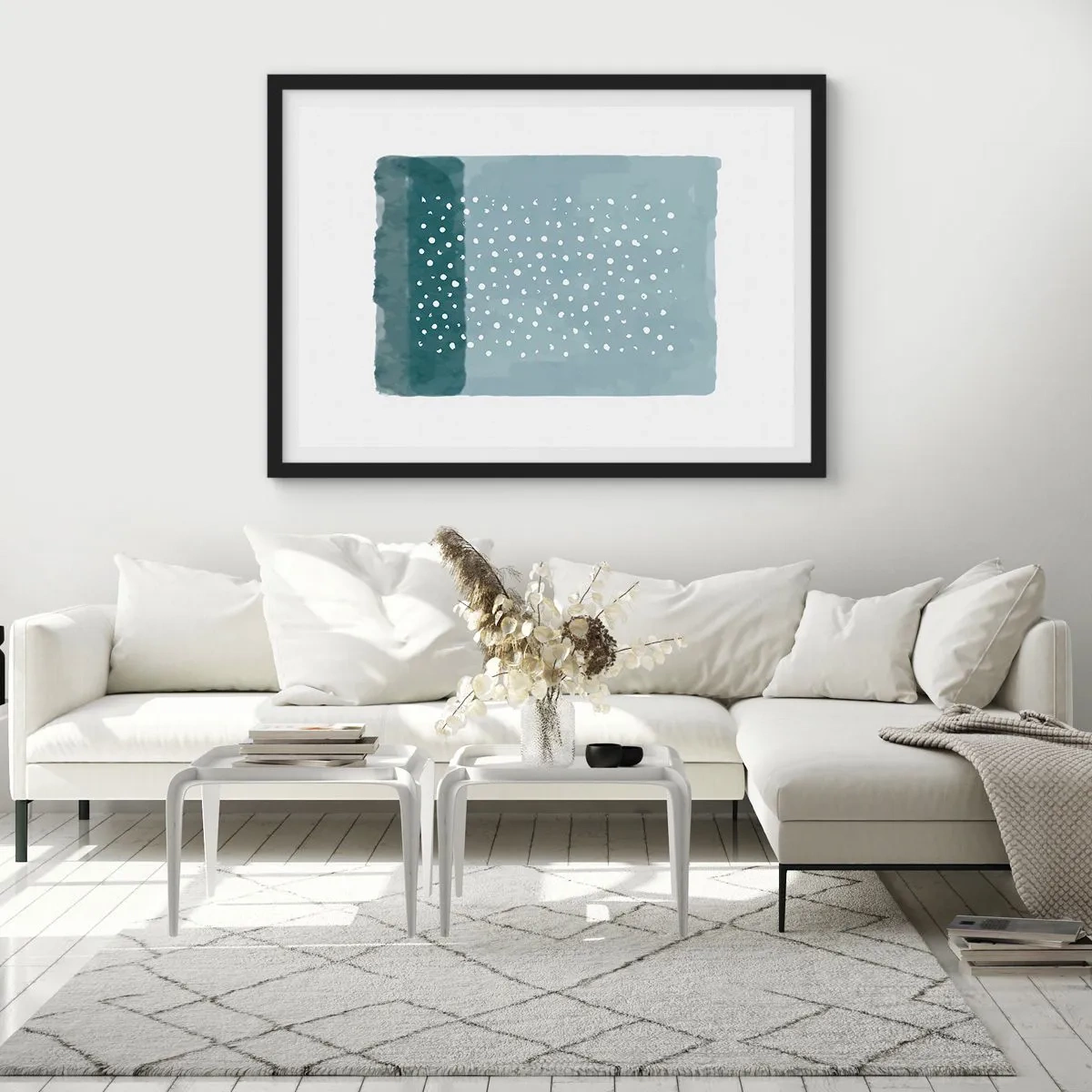 Affiche dans un cadre noir - Poster - Une peinture minimaliste dans des tons de bleu avec des pois - 70x50cm - Évolution de bleus - Décoration murale moderne pour le salon et la chambre ARTTOR