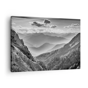 Impression sur toile - Image sur toile - Paysage de montagne en noir et blanc avec des nuages au-dessus des sommets - 70x50cm - Jusqu'à l'horizon - Décoration murale moderne pour le salon et la chambre ARTTOR