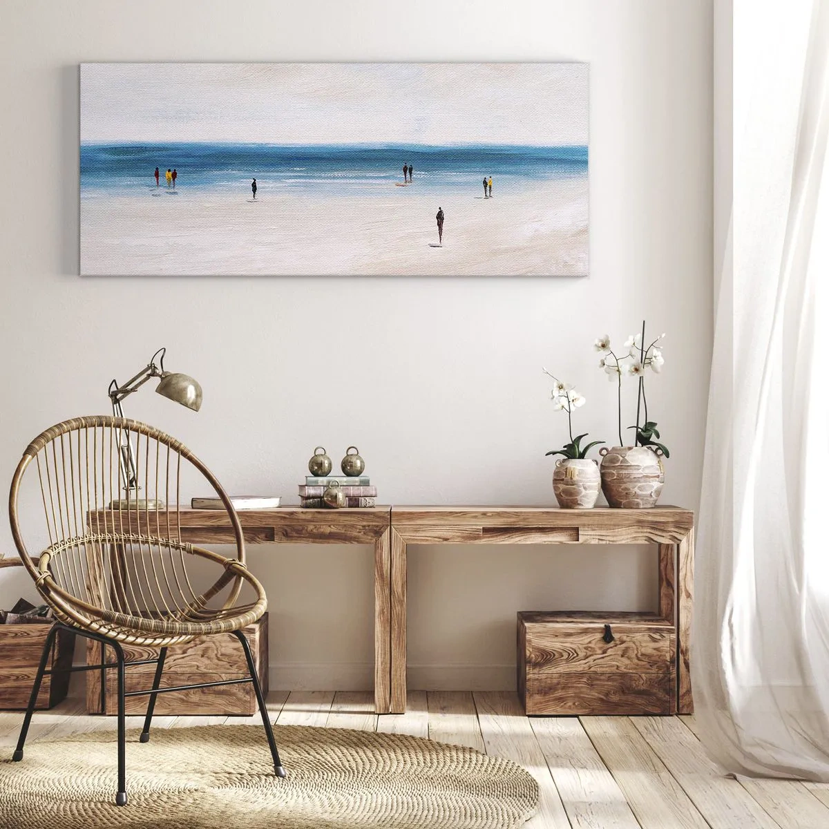 Impression sur toile - Image sur toile - Une plage avec des gens sur fond de mer calme - 120x50cm - Un besoin naturel - Décoration murale moderne pour le salon et la chambre ARTTOR