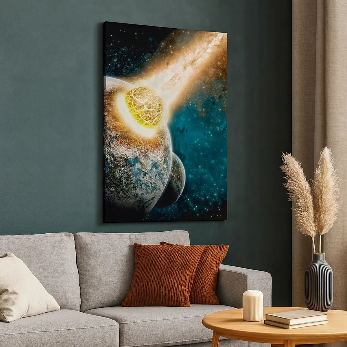 Impression sur toile - Image sur toile - Collision cosmique d'une planète avec un astéroïde à proximité de la galaxie. - 50x70cm - Destruction ou naissance? - Décoration murale moderne pour le salon et la chambre ARTTOR