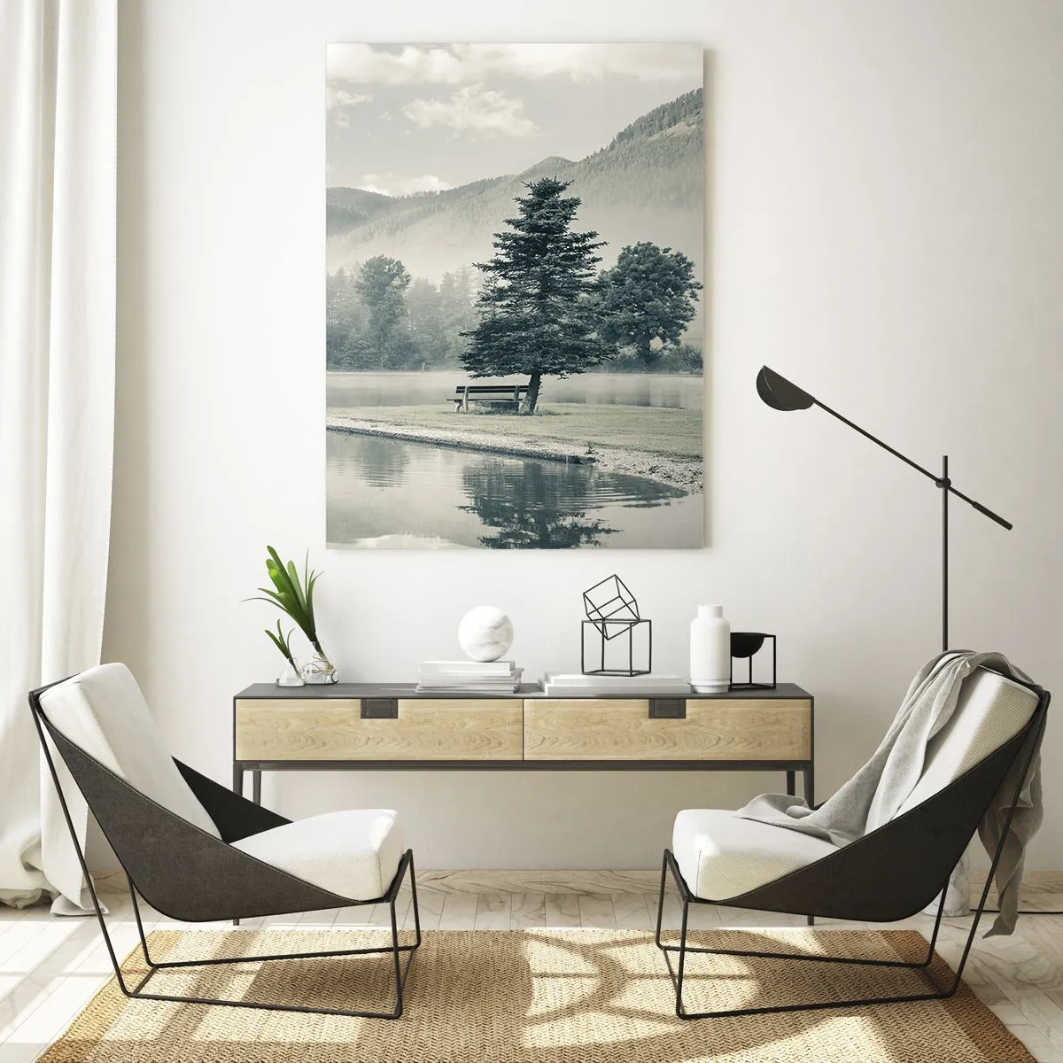 Impression sur verre - Image sur verre - Un lac pittoresque avec un banc et du brouillard en arrière-plan - 70x100cm - Le lac dort encore - Décoration murale moderne pour le salon et la chambre ARTTOR