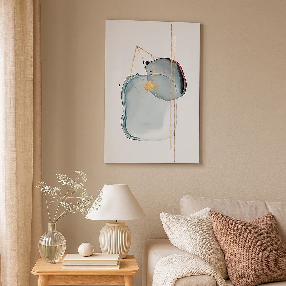 Impression sur toile - Image sur toile - Formes abstraites dans des tons de bleu et d'or sur fond blanc - 50x70cm - Etude des gouttes - Décoration murale moderne pour le salon et la chambre ARTTOR