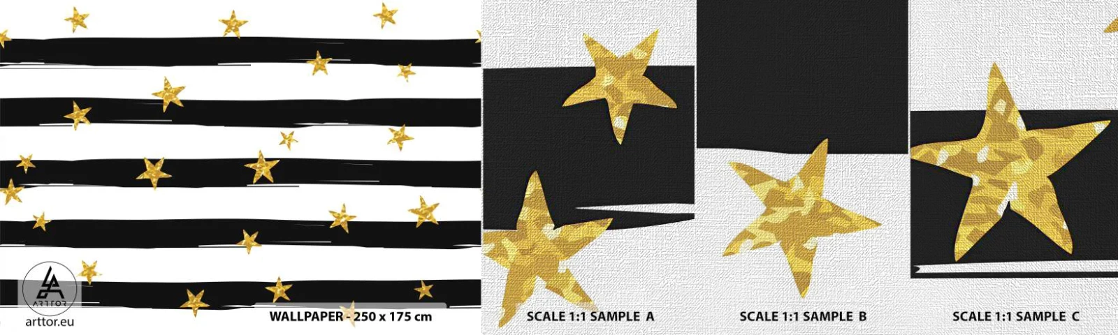 Échantillon de Papier Peint Premium Canvas - Nous sommes tous nés sous une bonne étoile - Graphique, Étoile d'or, Rayures noires et blanches - 100x30 cm