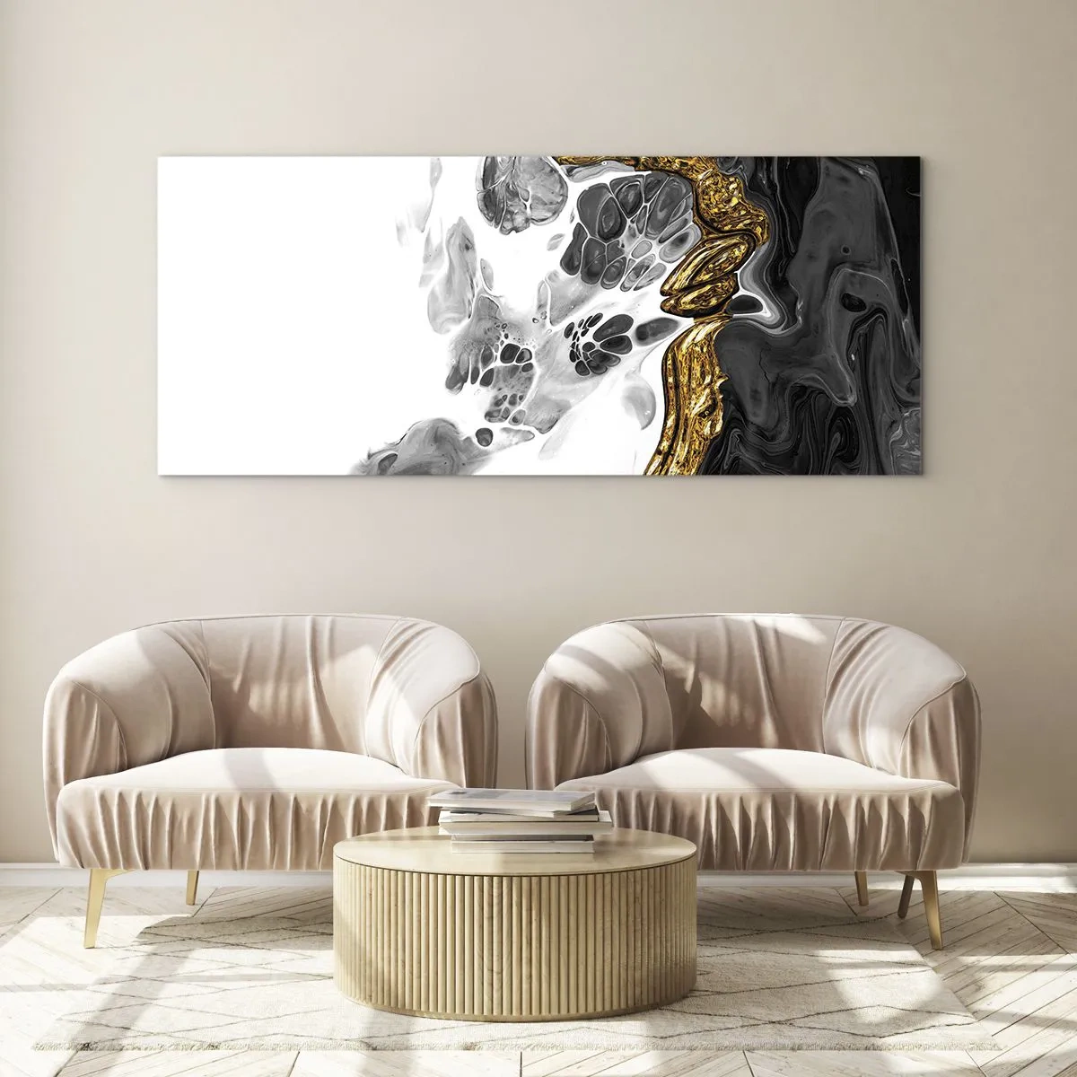 Impression sur verre - Image sur verre - Une composition abstraite avec des accents d'or et de noir. - 120x50cm - Composition organique - Décoration murale moderne pour le salon et la chambre ARTTOR