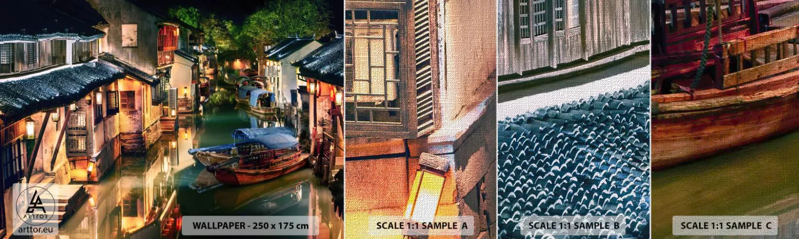 Échantillon de Papier Peint Premium Canvas - Soirée dans une rue chinoise - Paysage, Ville, Asie - 100x30 cm