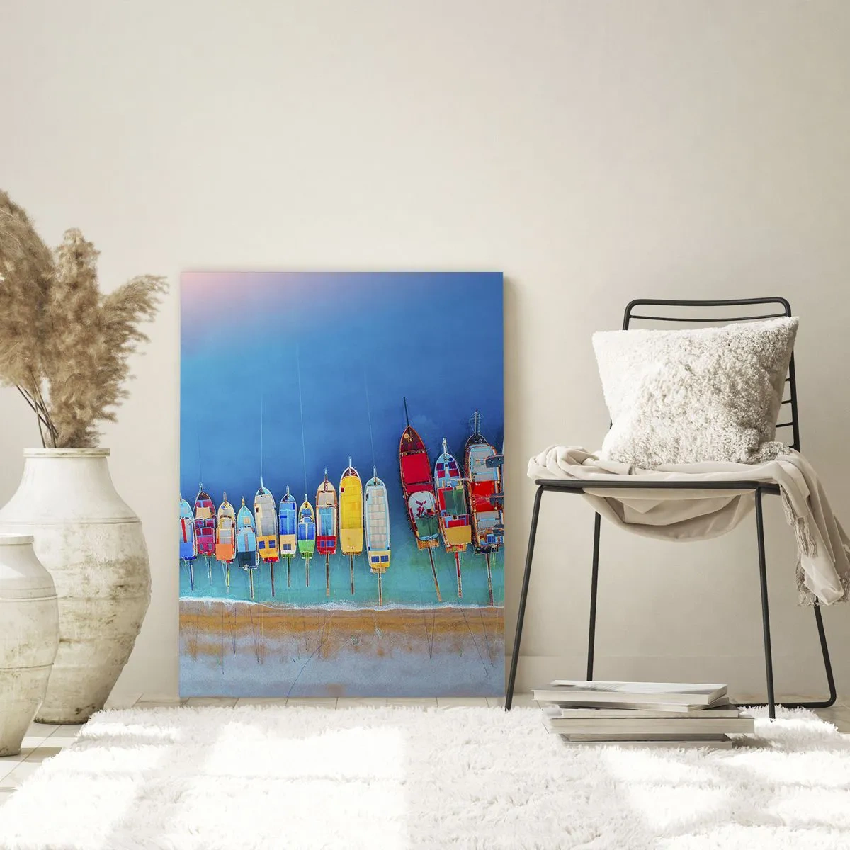 Impression sur verre - Image sur verre - Bateaux colorés sur le rivage de la mer turquoise - 50x70cm - Une vue à vol d'oiseau - Décoration murale moderne pour le salon et la chambre ARTTOR