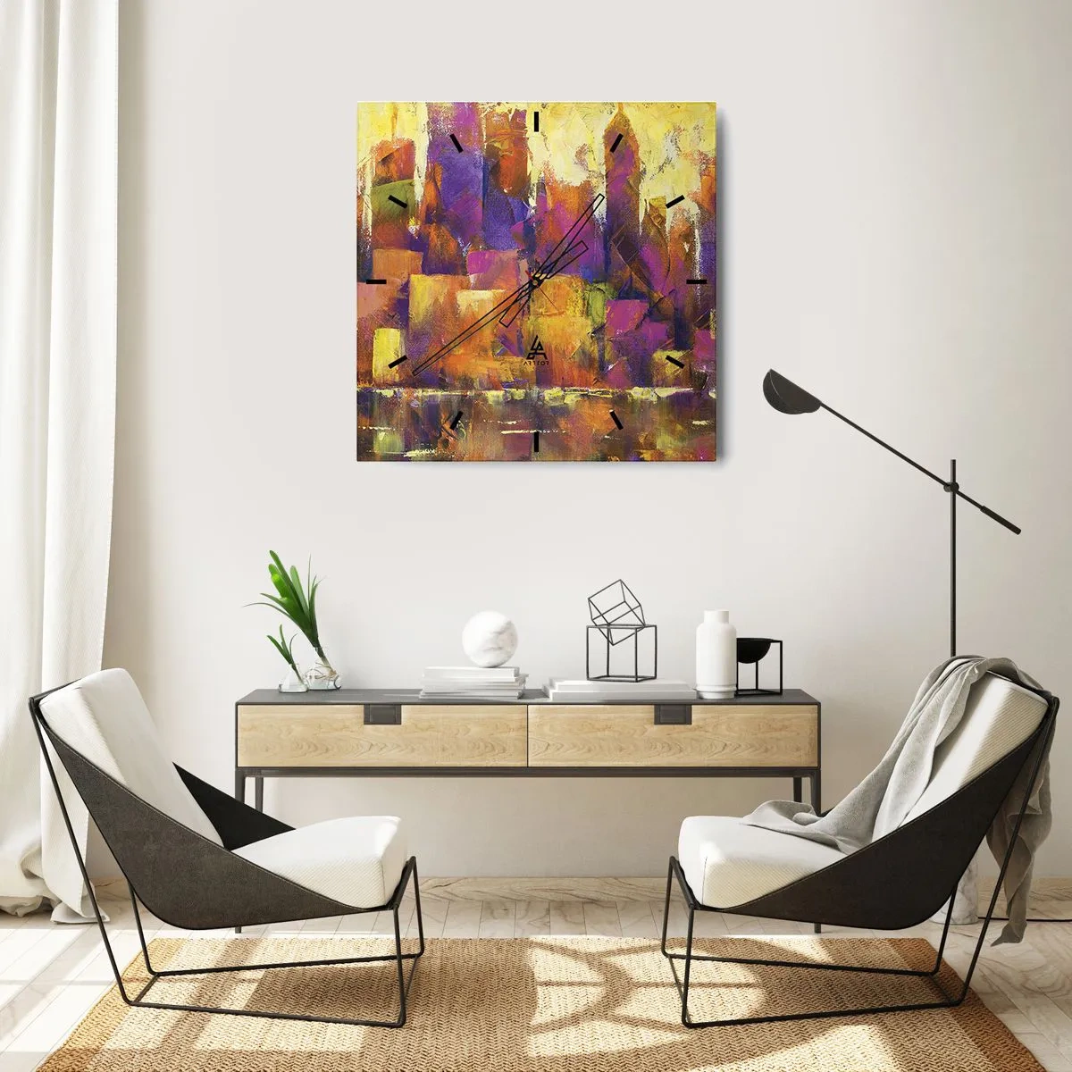 Horloge murale - Pendule murale - Composition abstraite d'une métropole dans les tons jaune et violet - 30x30cm - Composition métropolitaine - Décoration murale moderne pour le salon et la chambre ARTTOR