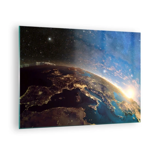 Impression sur verre - Image sur verre - Une vue de la Terre depuis l'espace avec le lever du soleil visible - 70x50cm - Regardons-nous de loin - Décoration murale moderne pour le salon et la chambre ARTTOR