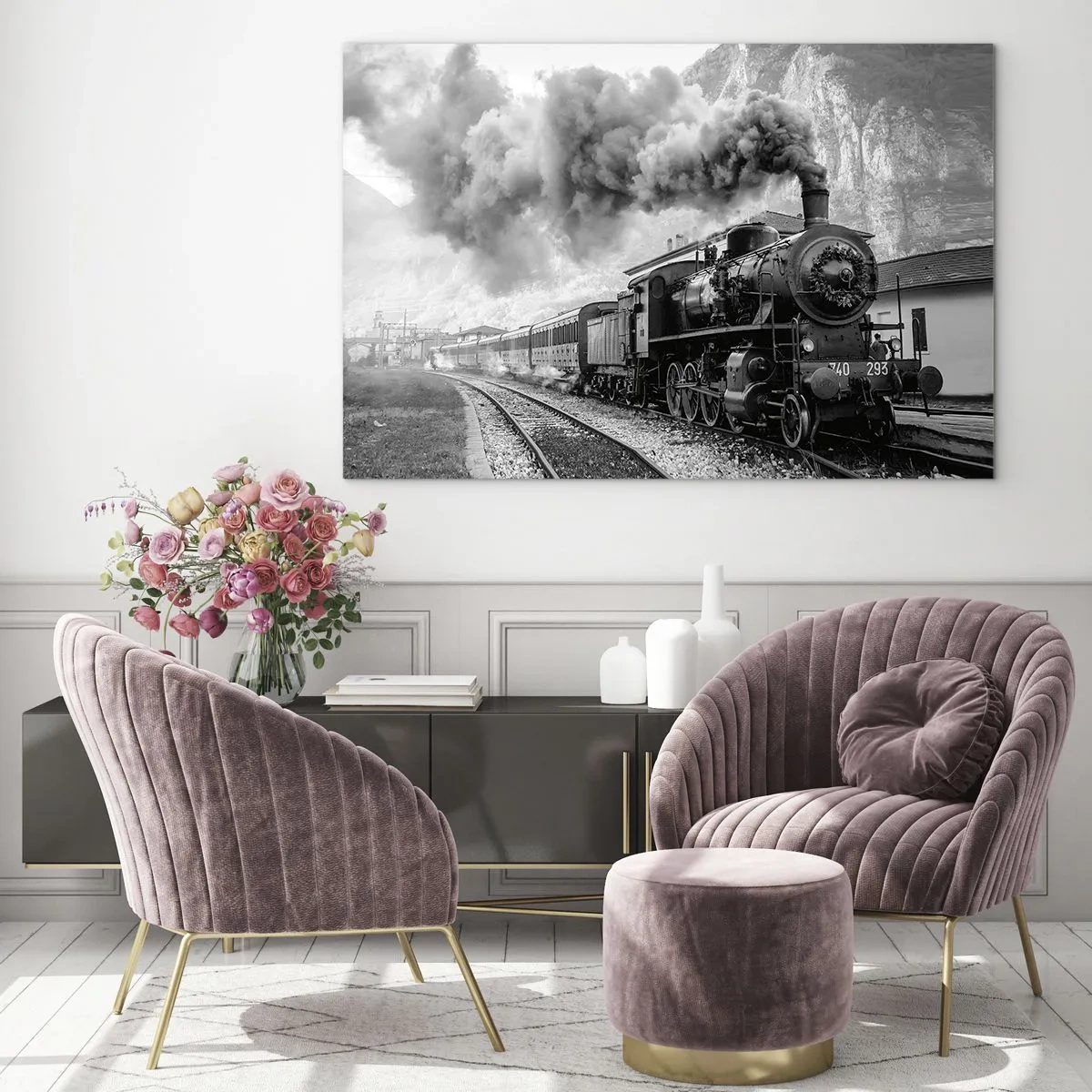 Impression sur verre - Image sur verre - Un vieux train à vapeur dans un paysage de montagne - 70x50cm - Attend à la gare... - Décoration murale moderne pour le salon et la chambre ARTTOR