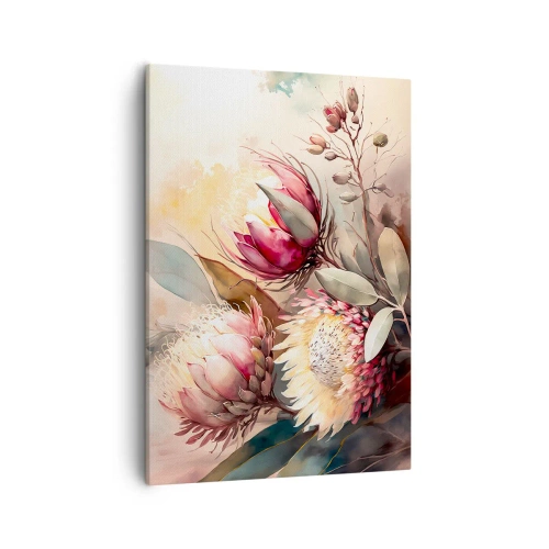 Impression sur toile - Image sur toile - Fleurs de Protea aux tons pastel délicats - 50x70cm - De profil et de face - Décoration murale moderne pour le salon et la chambre ARTTOR