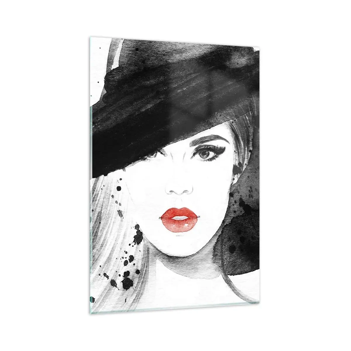 Impression sur verre - Image sur verre - Portrait d'une femme au chapeau et aux lèvres rouges - 80x120cm - Dame en noir - Décoration murale moderne pour le salon et la chambre ARTTOR