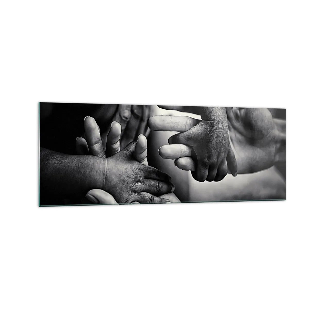 Impression sur verre - Image sur verre - Mains noires et blanches de différentes générations - 140x50cm - Être humain - Décoration murale moderne pour le salon et la chambre ARTTOR