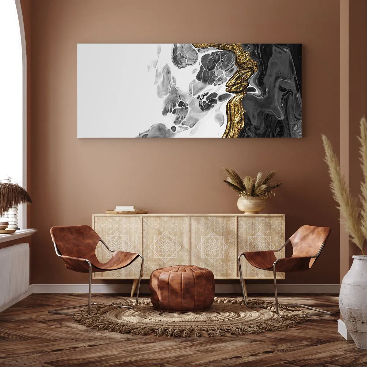 Impression sur toile - Image sur toile - Une composition abstraite avec des accents d'or et de noir. - 120x50cm - Composition organique - Décoration murale moderne pour le salon et la chambre ARTTOR