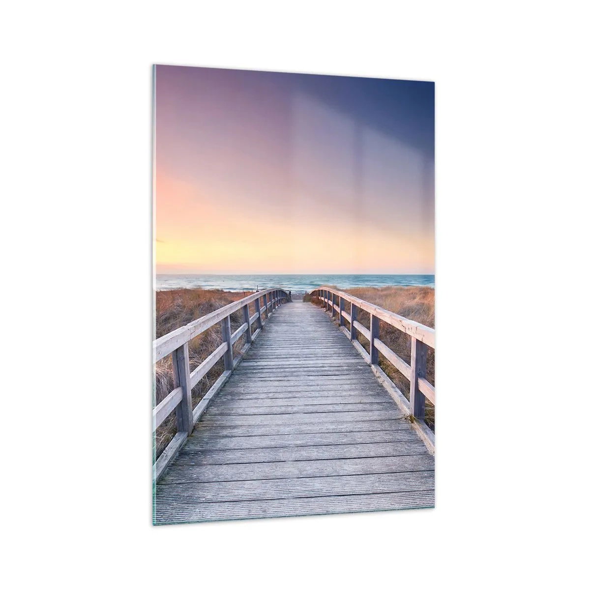 Impression sur verre - Image sur verre - Une jetée en bois menant à la plage au coucher du soleil avec le ciel peint de couleurs pastel. - 70x100cm - Aurore baltique du soir - Décoration murale moderne pour le salon et la chambre ARTTOR