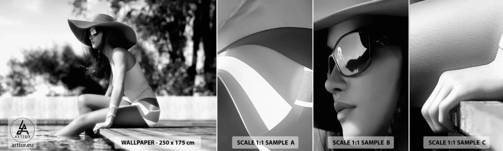 Échantillon de Papier Peint Autocollant Deluxe Sticker - Rêve d'été - Femme, Chapeau, Piscine - 100x30 cm