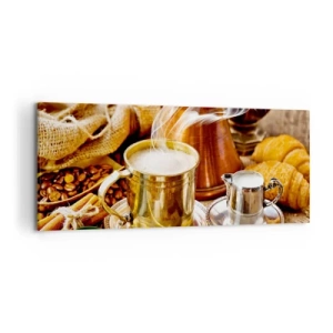 Impression sur toile - Image sur toile - Une tasse de café dorée entourée de grains, de cruches et de croissants - 120x50cm - Bonne journée! - Décoration murale moderne pour le salon et la chambre ARTTOR