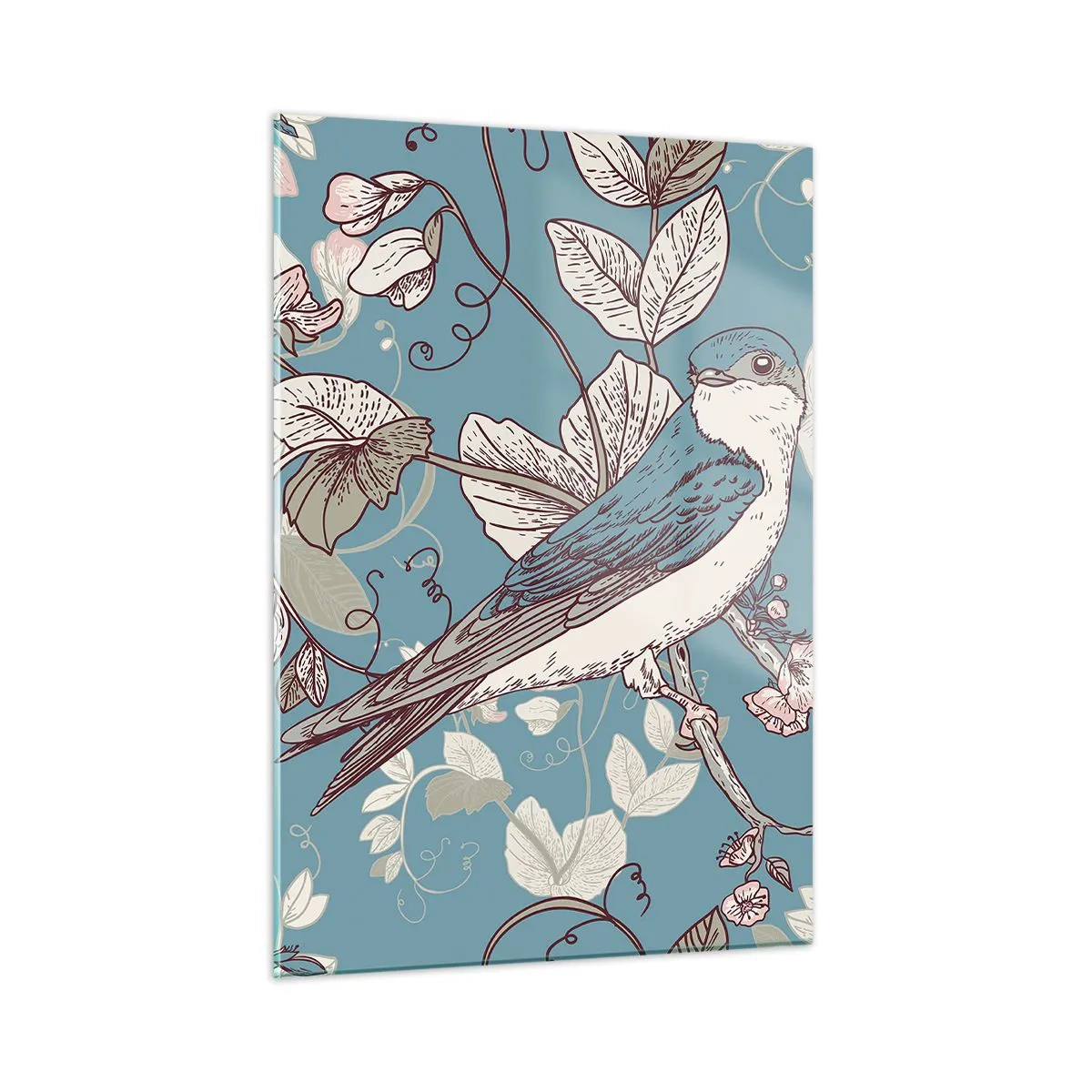 Impression sur verre - Image sur verre - Un oiseau sur une branche parmi des fleurs sur un fond turquoise - 50x70cm - Dans le bois blanc du rouge et de l'argent - Décoration murale moderne pour le salon et la chambre ARTTOR